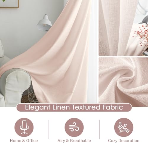 Image of Melodieux Pink Sheer Curtains with Tiebacks - 84 Inches Long for Living Room, Rod Pocket, Linen Look Shiny Texture, Semi Sheer Light Filtering Curtain Drapes for Bedroom, 52 inch W x 84 inch L, 2 Panels
