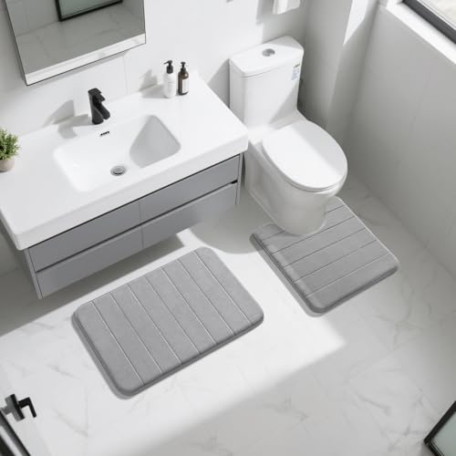 Image of Yimobra Memory Foam Bath Mat Set 2 Piece - Super Soft Absorbent Quick Dry Bathroom Toilet Rugs, Machine Washable Non Slip Floor Carpet for Tub Shower & Single Sink (31.5x20 & 24x20, Gray)