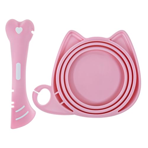 Xinjoduz 2 Stück Katzenfutter Deckel, Dosendeckel und Katzenlöffel Silikon Universal Dosendeckel Rosa Niedliche Deckel für Futteraufbewahrung Hundekatzenfutter Haustierfutterdosen