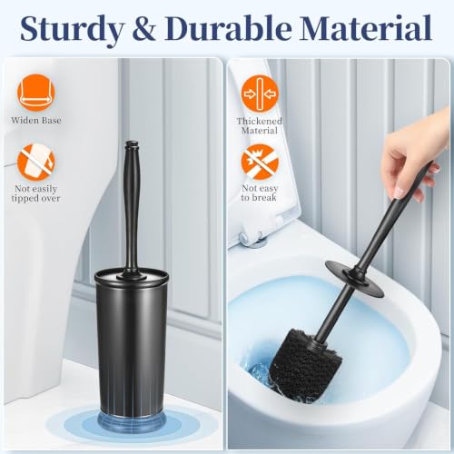 Image of HAMITOR Toilet Bowl Brush Holder Set: Classic Round Bristle Head Deep Cleaning Cleaner Scrubber with Tall Caddy for Restroom - Home Bathroom Decor Accessories - Black 3 Pack