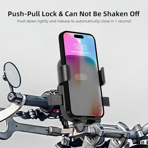 Mechrig Motorcycle Phone Holder, Anti Shake Bicycle Phone Clamp for Road Ebike/Scooter/Stroller-One Hand Operation 360°Rotation,Bike Accessories Handlebar Clip Holder, Black 94003