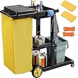 DWVO Janitorial Cart on Wheels, Cleaning Carts, Housekeeping Carts, 3 Shelf Commercial Traditional Plastic Janitor Cart, with 2 Yellow 25 Gallon Vinyl Bag & Rubber Gloves for Restaurant Hotel Home