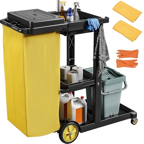 DWVO Janitorial Cart on Wheels, Cleaning Carts, Housekeeping Carts, 3 Shelf Commercial Traditional Plastic Janitor Cart, with 2 Yellow 25 Gallon Vinyl Bag & Rubber Gloves for Restaurant Hotel Home