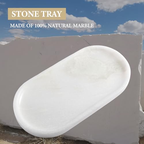 Image of Koville African Natural White Marble Decorative Tray, 10 inch x 5 inch Marble Vanity Tray for Bathroom Countertop Organizer Stone Trays, Catchall Tray for Perfume, Candles, Jewelry (Namib Bianco White)