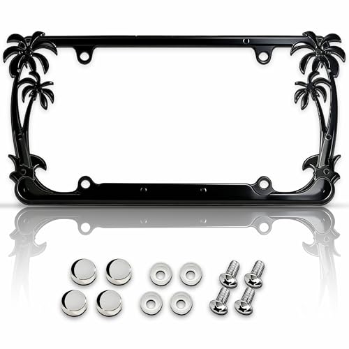 Premium 3D Palm Tree Black License Plate Frame with 4 Screw Caps Street Legal Universal Fit for Cars & Trucks Heavy Duty Rust-Free Zinc Palm Trees Black License Plate Frame for Women & Men