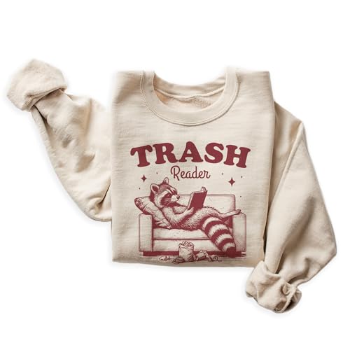 Trash Reader Sweatshirt - Funny Trendy Vintage Raccoon Book Lover Shirt - Sarcastic Reading Romance Novel Bookworm Pullover - Unisex Graphic Crewneck Sweatshirt Sand