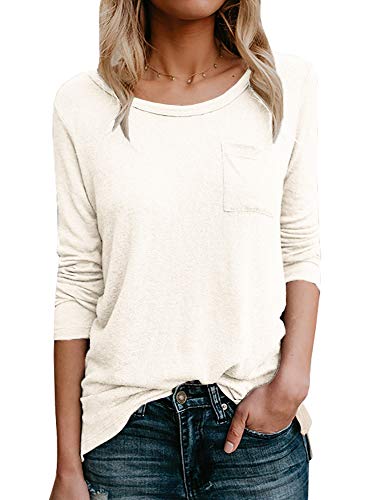 Women's Scoop Neck Basic Tee Shirt Cotton Knit Tops Long Sleeve Loose Casual T-Shirt with Pocket Off-White