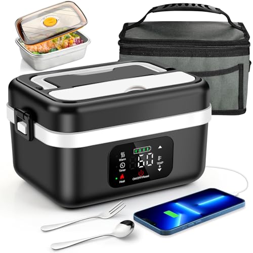 Fagalil Scatola da Pranzo Elettrica Senza Fili, 1L Scatola da Pranzo Riscaldata a Batteria per Adulti Portatile in Acciaio Inossidabile Riscaldatore di Cibo con Stoviglie e Sacchetto Isolato