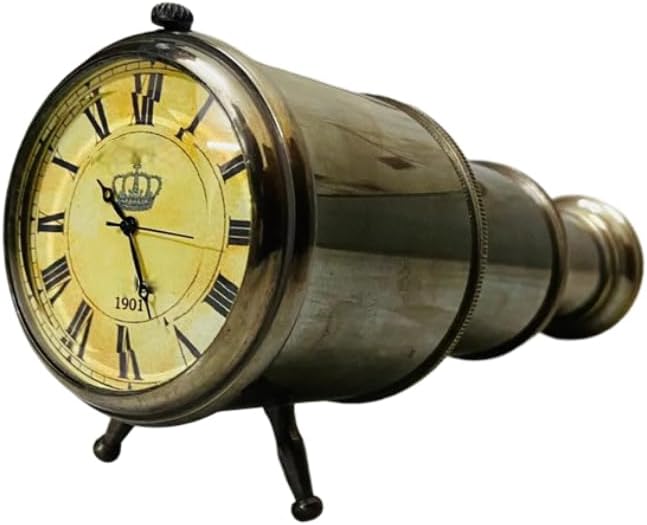 Vintage Telescope Style Desk Clock, Brass with Glass Lens, Maritime Home Office Decor, Antique Finish, 6.4x2x2.6 Inches