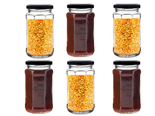 Image of CROCO JAR Hexagon Glass Jar Set of 2 (450 ml) | Airtight Black Lid Mini Glass Storage Jars for Spices Mouth Freshener & Condiments