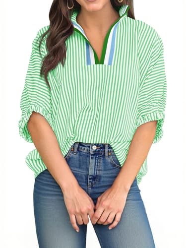 Tankaneo Womens V Neck Striped Blouse Oversized Dolman Sleeve Tops Summer Casual Loose Fit Polo Shirts Green