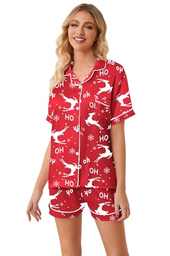 Image of Schbbbta Womens Pajamas, Satin Silky Pjs Set Button-Top 2 Pcs Short Sleeve Sleepwear Soft Comfy Sexy Loungewear Homewear, Red Reindeer Christmas, X-Small