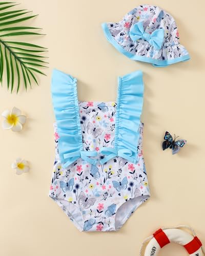 Image of Toddler Girl Swimsuit Baby Girl Bathing Suit Long Sleeve Floral Zipper One-Piece Rash Guard Swimsuit with Hat