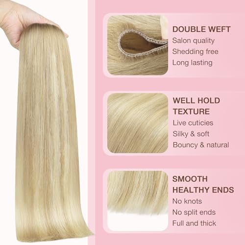 Image of GOO GOO Sew in Hair Extensions Real Human Hair, Weft Hair Extensions Human Hair, 18ET90A Natural Blonde Balayage 14Inch 80g, Weft Bundles Straight Silky Remy Hair