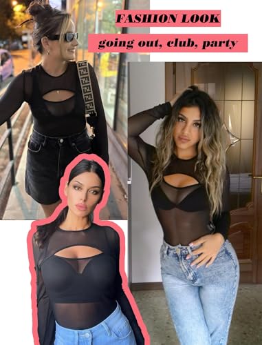 Image of GirlFriend Mesh Bodysuit for Women Long Sleeve Body Suit Sexy Tops Cut Out Leotard See Through Shirts Sheer Rave Outfits