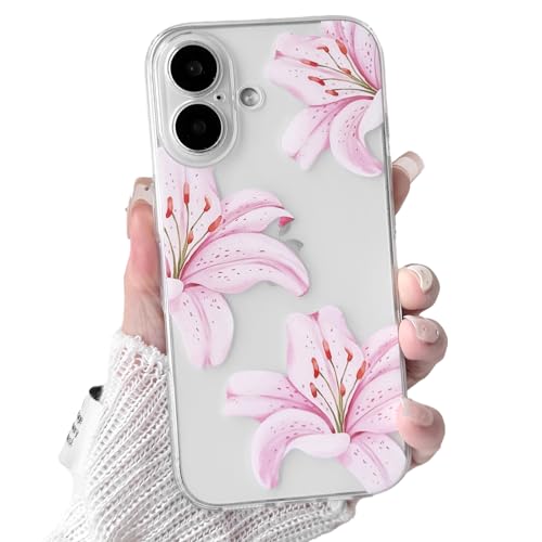 NITITOP Compatible with iPhone 16 Plus Case Clear Cute Pink Lily Blossom Floral Flowers Pattern for Girls Women Soft TPU Transparent Shockproof Protective Phone Cover - Flower by NITITOP - Used condition - US$7.44