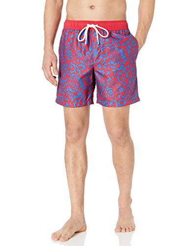 Amazon Essentials Men's 7" Quick-Dry Swim Trunk, Red/Dark Blue Vintage, Floral, Large #TOP1