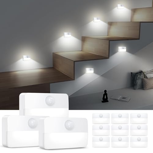 Image of AMIR 12 Pack Motion Sensor Stair Lights for Indoor, Battery-Operated LED Night Light, 40 Lumen 6500K, Cordless Closet Light, Tap Light, Safe Lights for Stairs, Hallway, Bathroom, Cabinet, Kitchen