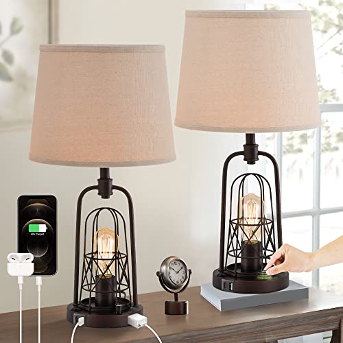 Lediary Farmhouse Lamp With Ac Outlet And 2 Usb Ports, 0-100% Dimmable Bedside Lamps Set Of 2 With Vintage Metal Cage, Rustic Table Lamps For Bedroom, Living Room, 23" H, 4 Bulbs Included #TOP29