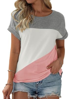 Fisoew Damen T-Shirt Rundhals Farbblock Kurzarm Shirt Casual Oberteil Sommer Locker Baumwolle Tee Tops