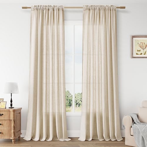 Guken Linen Curtains 84 Inch Long for Living Room Rod Pocket Beige 2 Panels