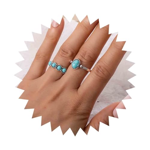 Cimex Anillos Bohemios de Plata Turquesa y Azul - Vintage Oval Nudillo para Mujeres y Niñas - 2 Piezas