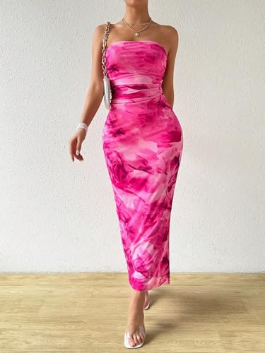 Image of GORGLITTER Women's Floral Strapless Bodycon Wedding Guest Dress Vacation Summer Birthday Tropical Maxi Long Sun Dresses