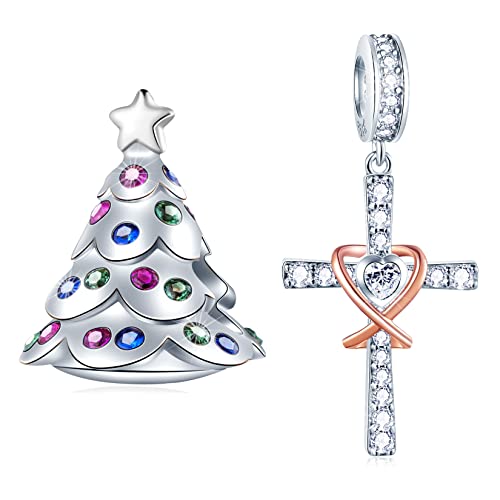 Gemdazz Christmas Tree And Sparkling Faith Cross Charm Set In 925 Sterling Silver, Fit Women Bracelet, Xmas Gift Fot Mom/Grandma #TOP4