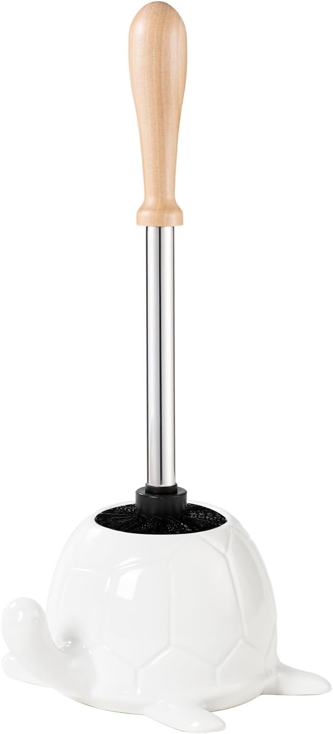 White Ceramic Turtle Base Toilet Brush and Holder Set - 7.5" Cute Toilet Bowl Cleaner Brush, Ergonomic Handle Toilet Bowl Brush and Holder for Home & Commercial Use​, Bathroom Brush