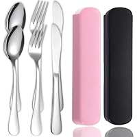 6 PCS Travel Cutlery Set with Portable Case Fork Spoon Camping Cutlery Set for 1 Portable Utensils Suitable for Outdoor Travel Picnic Office School Lunch Box Everyday Use Pink Black
