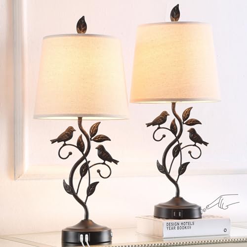 RORIA-Set-of-2-Touch-Living-Room-Table-Lamps-with-2-USB-Ports-Vintage-Nightstand-Lamp-3-Way-Dimmable-Desk-Lamp-with-Cream-Fabric-Shade-Rustic-Iron-Leaf-Lamp-for-Bedroom-LED-Bulb-Included-Vintage RORIA Set of 2 Touch Living Room Table Lamps with 2 USB Ports Vintage Nightstand Lamp 3 Way Dimmable Desk Lamp with Cream Fabric Shade Rustic Iron Leaf Lamp for Bedroom LED Bulb Included Vintage