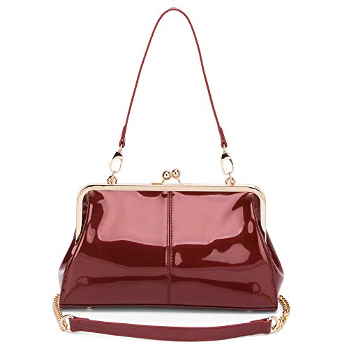 Vintage Kiss Lock Handbags Shiny Patent Leather Evening Shoulder Tote Bags With Two Straps (Wine Red) Medium #TOP3