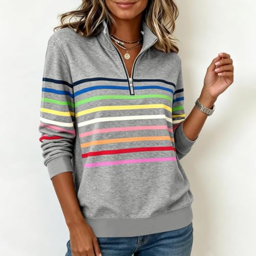 Womens Half Zip Sweatshirts Striped Collar V Neck Long Sleeve Tops - image 5