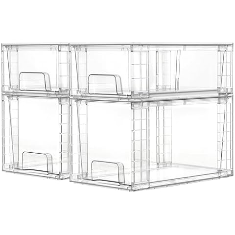 Vtopmart 4 Pack Clear Stackable Storage Drawers,Easy to Assemble Bathroom Organizers and Storage with handles,Plastic storage drawers for Kitchen Pantry,Cabinet,Under Sink Organization Cover