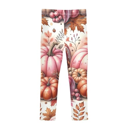 Autumn Pink Pumpkins Leaves Girls Leggings Stretchy Dance Pants for Kids2