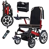 Rexhan Foldable Electric Wheelchair, Folding Power Chair, 20 KM Removable Lithium Battery, 2 X 200W Brushless Motor, 19 KG Lightweight, Remote Control, Aluminium Frame, Electromagnetic Brakes, Red