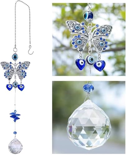 Image of BLUE BEADS Turkish Feng Shui Vastu Blue Glass Evil Eye Hanging /Door Hanging Nazar Batu for Protection and Good Luck - Perfect for Gifting Home or Office (SUNCATCHER-BTRFLY)