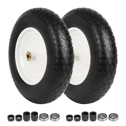 14.5 Wheelbarrow Tire Flat-Free 3.50-8 Solid Tire 300LB Capacity Each with 5/8 & 3/4 Bearings 3-4-6-7 Adjustable Hub Tire and Wheel Replacement for Dolly Hand Truck Garden Cart 2 Pack