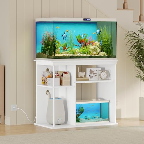 MAHANCRIS 40-50 Gallon Fish Tank Stand with Power Outlet, Wooden Aquarium Stand with Filter Storage, Heavy-Duty Reptile Tank Stand with 3-Tier Storage Shelves, 36.2" L x 19.7" W x 31.7" H, White