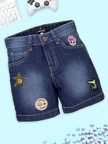 Image of KiddoPanti Boys Knee-Length Denim Shorts | Stretchable Cotton Poly Denim | Comfortable Fit with Button Elasticated Waistband & Zip Fly