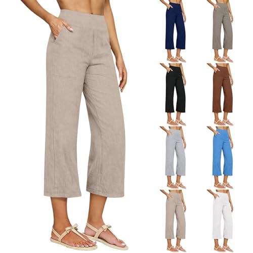Pantacourt Femme éTé Leger Lin Coton Pantalons Fluide Femme éTé Pantalon Taille Elastique Pantalons De Sport Jogging Yoga Unie Pantacourt Plage avec Poches Tenue Elegant Vetement Grande Taille