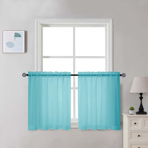 Image of Chyhomenyc Aqua Sheer Curtains 30 inch Length 2 Panels, Light Filtering Voile Rod Pocket Short Window Curtians for Bathroom Living Room Farmhouse Small Windows, 42Wx30L inches