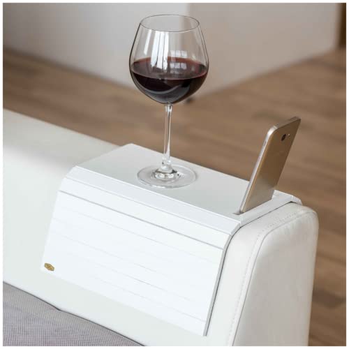 Sofa arm Tray Table Couch Bedside Wood Coaster Coffee Cup Foldable armrest Caddy end Protector Folding Living Room Furniture mat tv Chair Tables Trays with Phone (White)