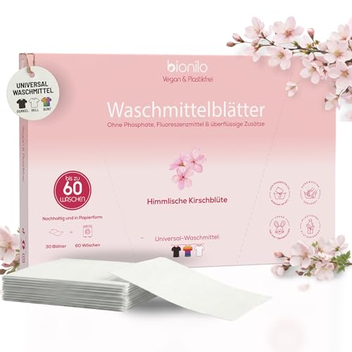 Bionilo Waschmittelblätter Himmlische Kirschblüte – 60 Waschgänge – Vegan Plastikfrei Biologisch Abbaubar – Nachhaltig Umweltfreundlich – Kompakt Reisegröße Waschmittel Blätter
