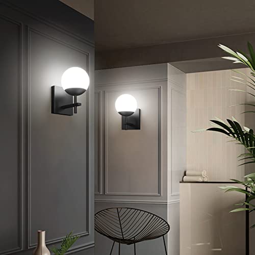 Image of Ralbay Matte Black Wall Sconce, Mid Century Modern Black Wall Light Fixtures Milky Glass Indoor Wall Lamp for Home Decor Bathroom Kitchen Living Room Vanity Hallway, Black 1 Light (Exclude Bulb)