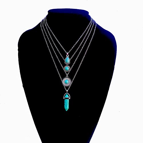 Hroevc 4 Pcs Silver Turquoise Layered Necklaces For Women Girls #TOP2