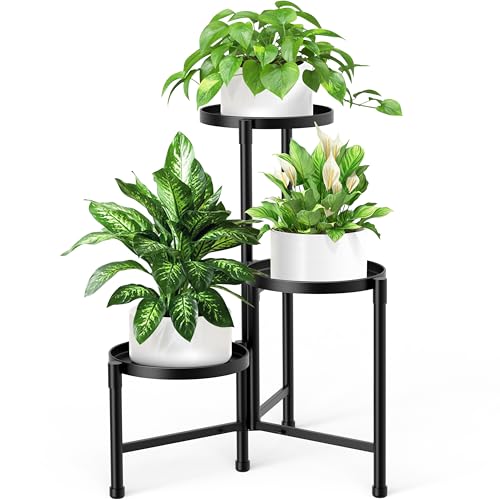 JOENCOST 3 Stufen Metall Blumenregal Pflanzenregal Pflanzenständer, Mehreren Blumentopfhaltern mit Rund Blumentreppe, Dekorativer Pflanzentreppe Standregal für Innen Außen Garten Balkon(Schwarz)