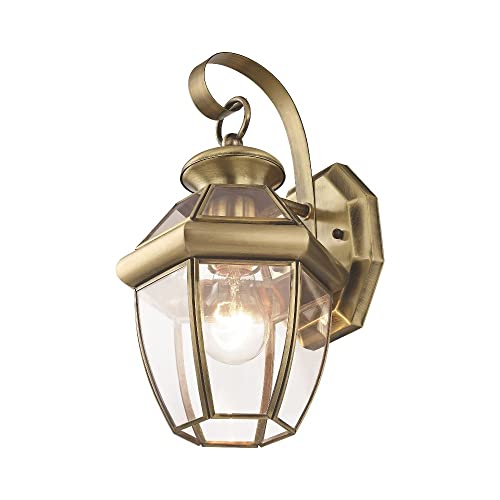Image of Livex Lighting 2051-01 Monterey 1 Light Outdoor Antique Brass Finish Solid Brass Wall Lantern with Clear Beveled Glass | Clear Beveled Glass; Solid brass construction