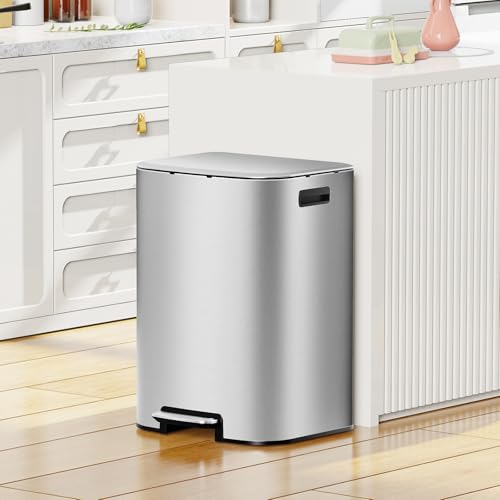 Image of KUK 16 Gallon Kitchen Trash Can with Lid, Heavy Duty Hands-Free Stainless Steel Commercial Step Trash Bin with Removable Inner Bucket, Pedal Rubbish Bin for Home Office and Kitchen, 60L /16Gal