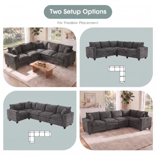 Image of 97 inch V Shaped 5 Seat Sectional Couch, Comfy Chenille Upholstered Modular Cloud Sofa, Convertible L Shaped Corner Couch with Storage Armrests & 2 Pillows, Sectional Couches for Living Room, Grey